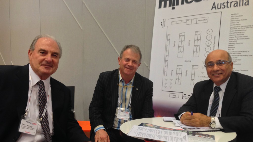 Owen Hegarty, CEEC Patron; Sandy Gray Gekko Systems and Joe Cucuzza AMIRA prepare to address the delegates at Mines and Money Melbourne 2013.