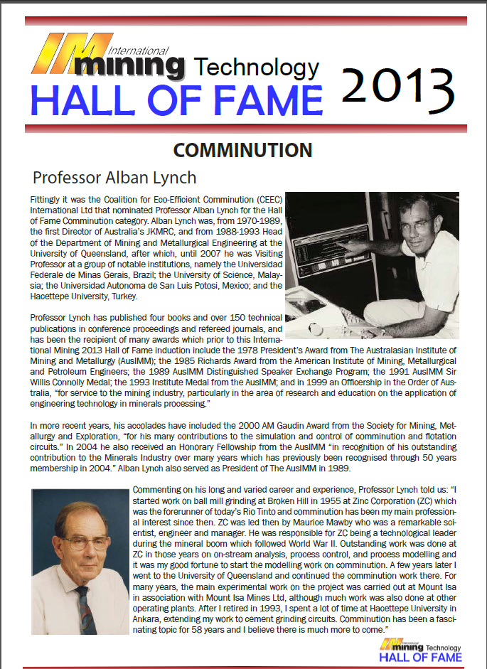 IM Technology Hall of Fame 2013. Comminution award to Prof Alban Lynch